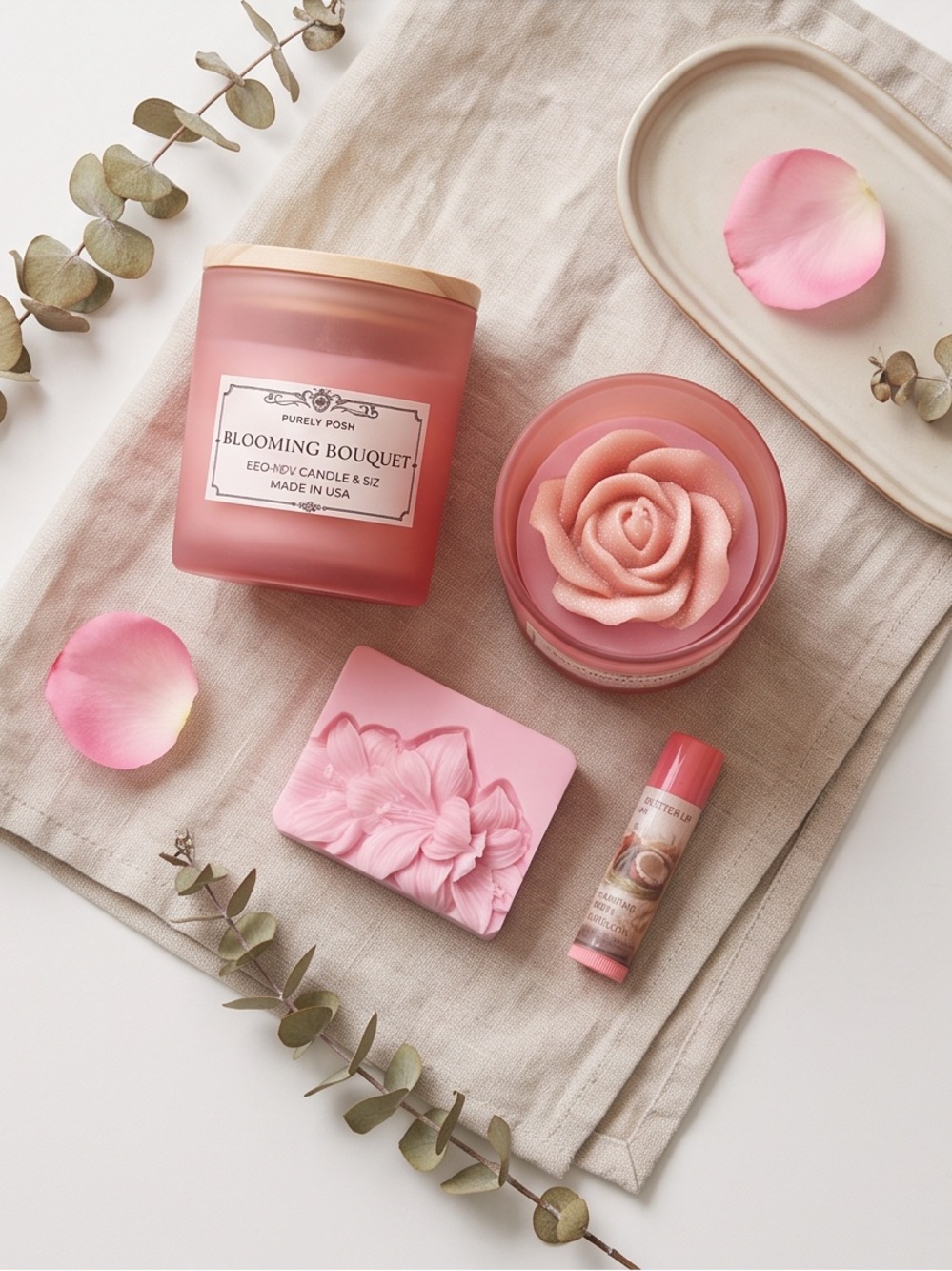 Blooming Bouquet Pink Floral Soy Candle • Soap • Lip balm In window Gift box set